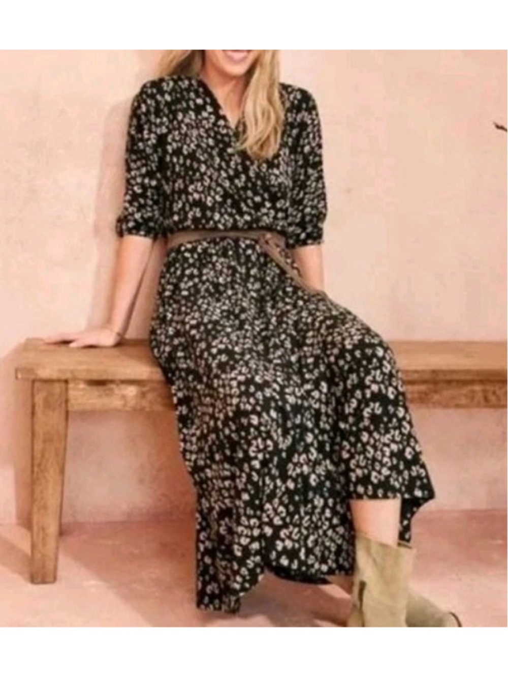 Garnet Hill Sz M NWT Tencel Animal Print Faux Wrap Maxi Dress Pockets Black Tan